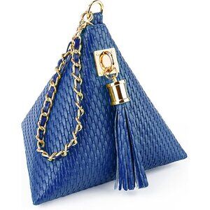 ⚡New Blue Leather Triangle Wristlet Clutch Handbag Pyramid Evening Cocktail